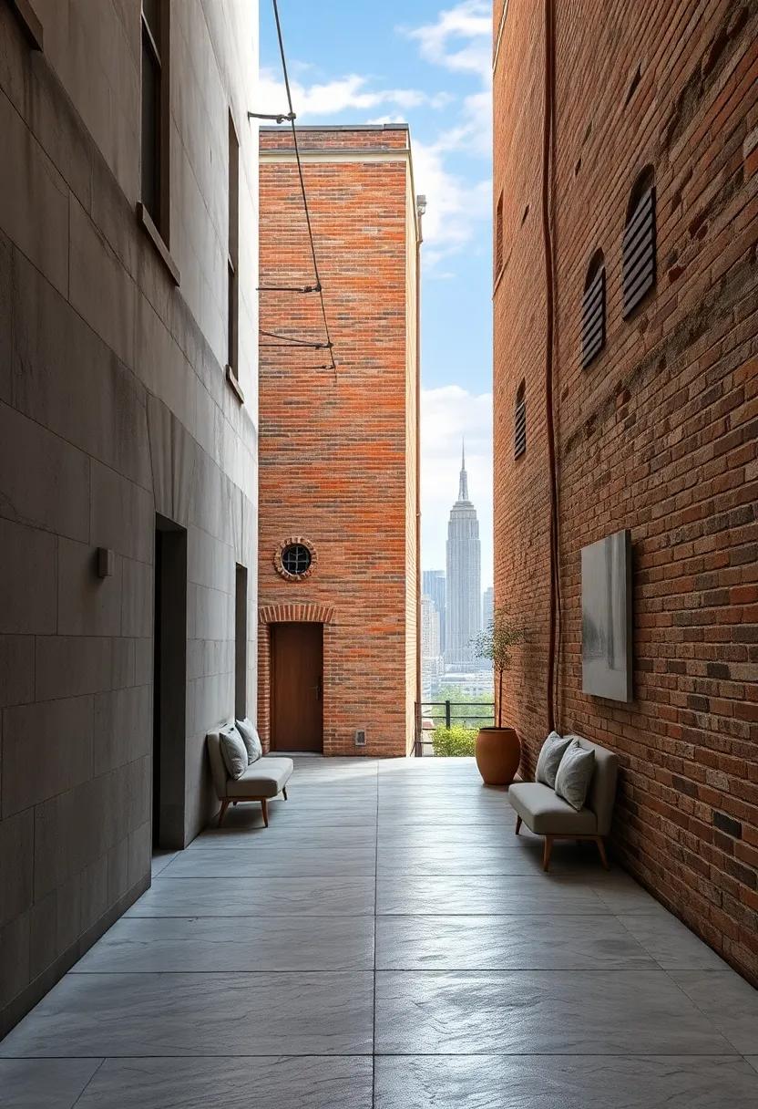 The Contrast Between Narrow City Streets and Expansive Skyline Seen Through Crumbling Brick Walls