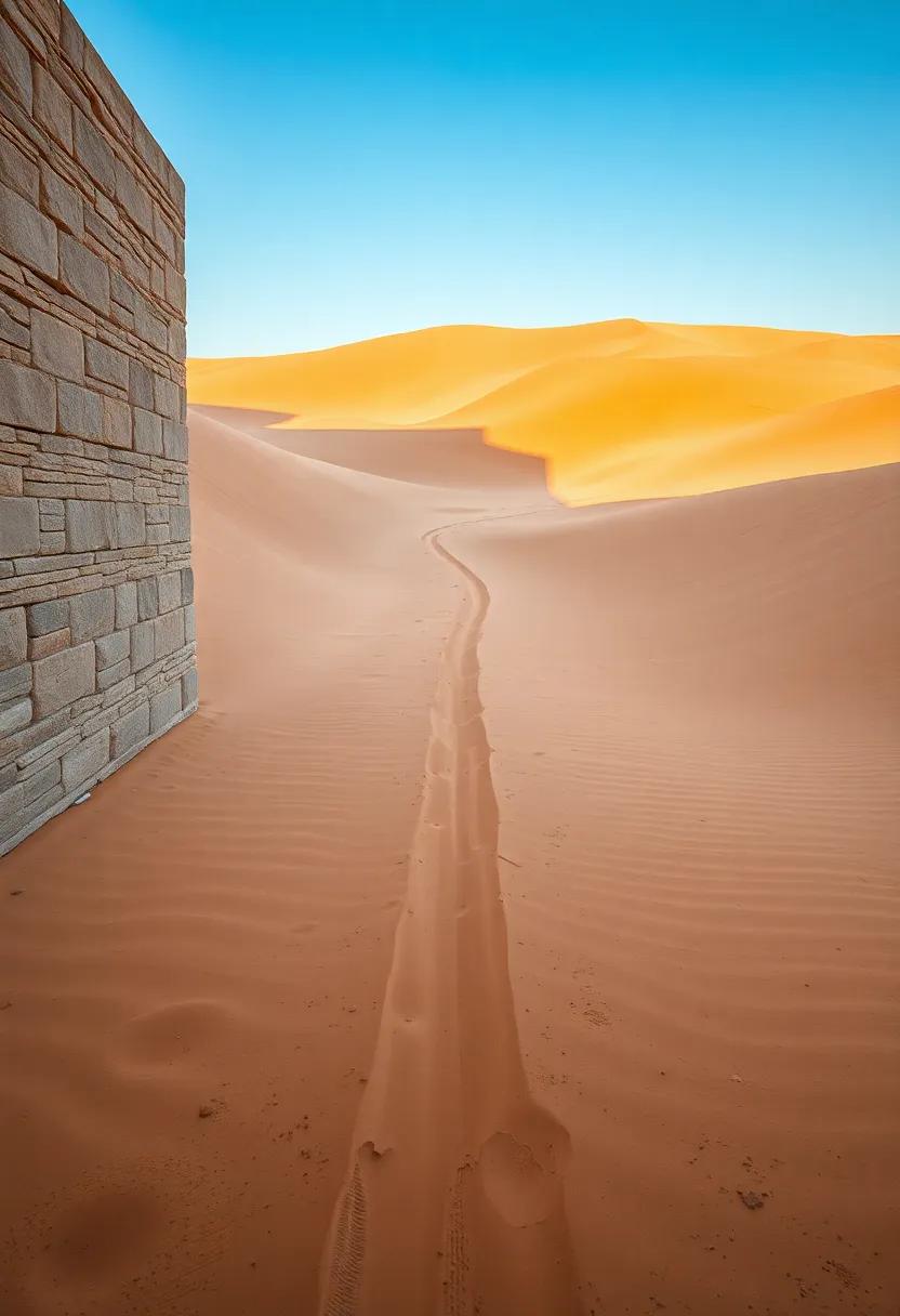 A Wind-Sculpted Desert Trail Tapering Between Sand Dunes Under the Brilliant Blue of Noon