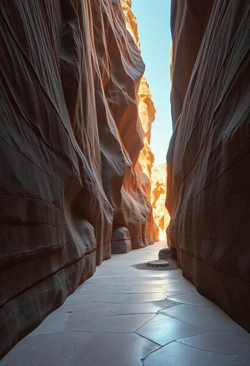The Visual Journey Along a Tight Canyon Trek Highlighting Vertical Rock Faces and Narrow Sky