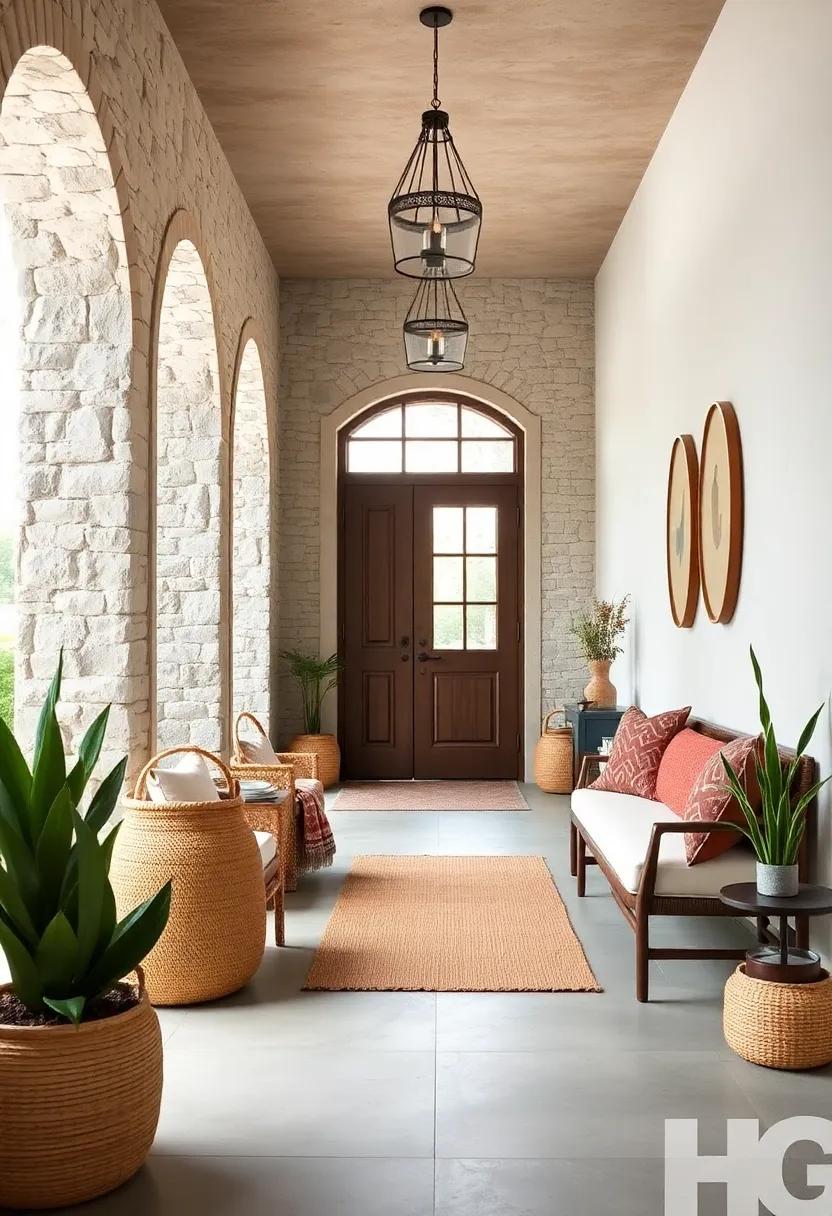 Bohemian Entry Spaces Adorned with Rustic Rattan Baskets and Earthy Tones for Cozy Charm