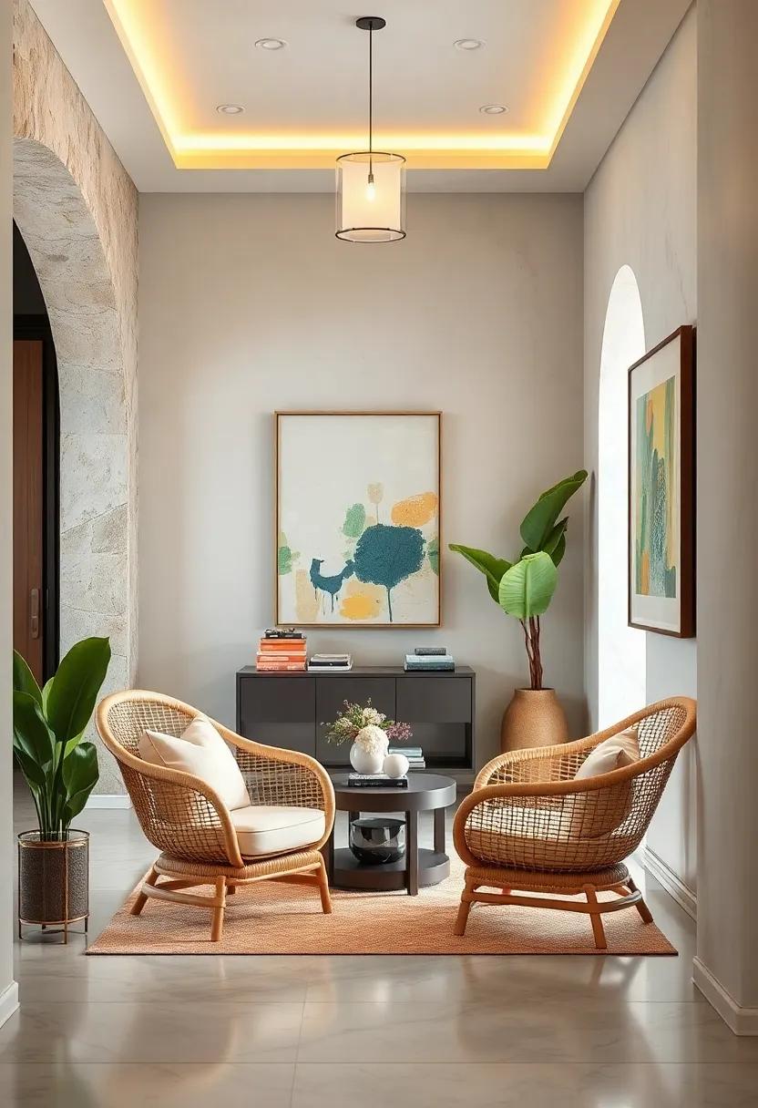 Chic Entry Corners Framed by Sculptural Rattan Chairs and Contemporary Abstract Art Pieces