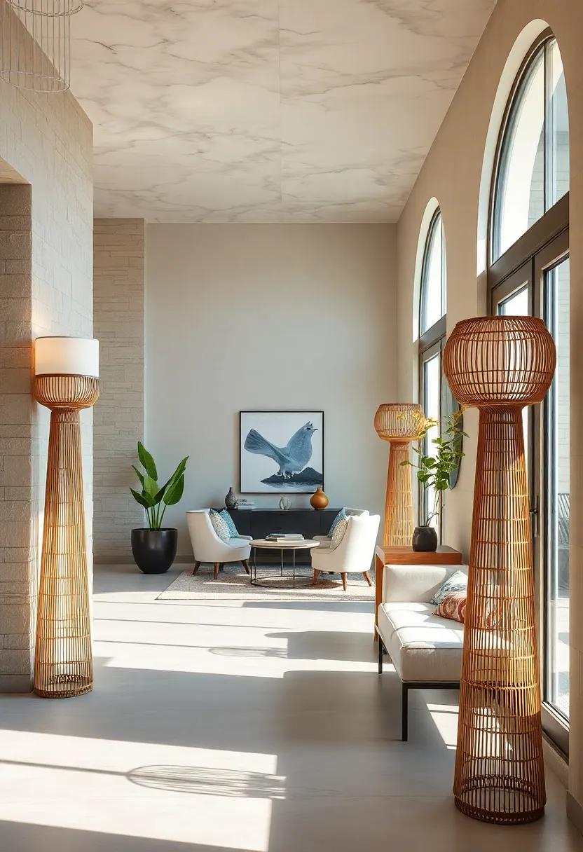 Contemporary Entry Hallways Featuring Tall Rattan Floor Lamps Casting Gentle Shadows