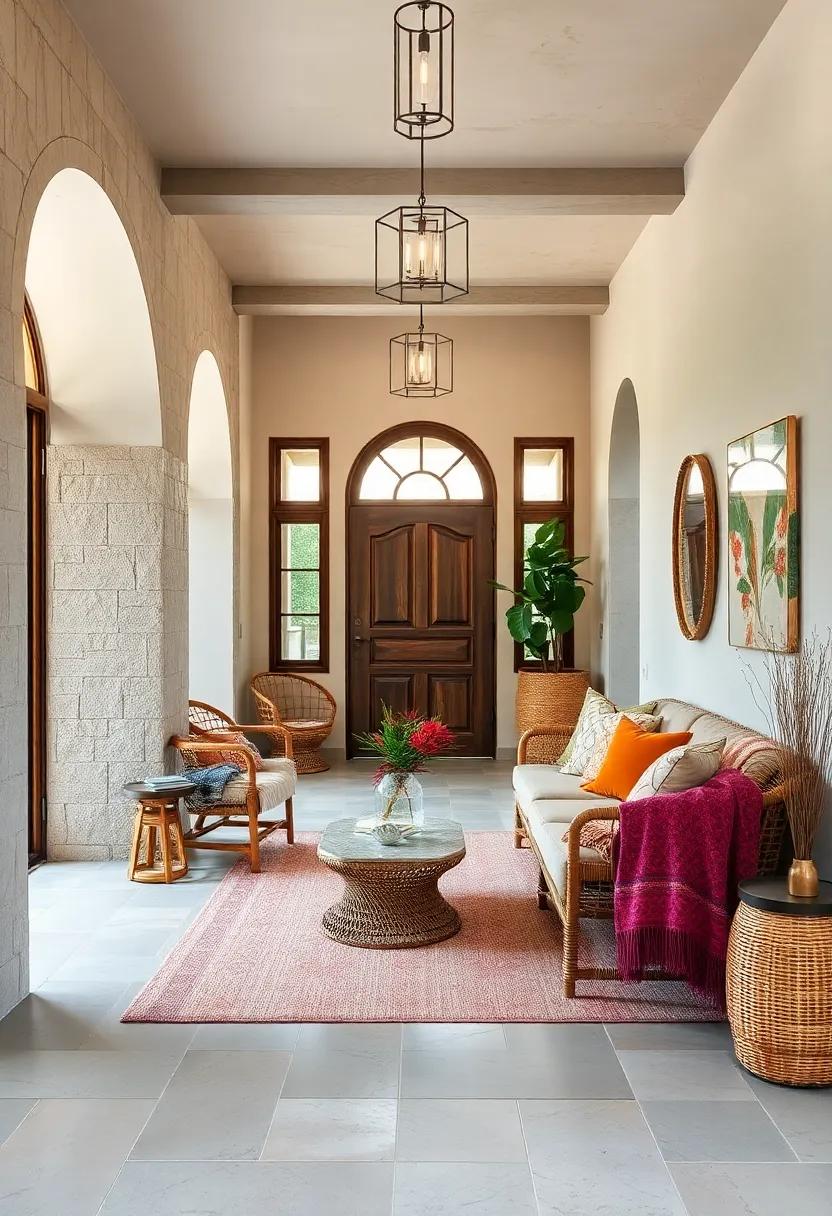 Eclectic Entryways Bringing Together Woven Rattan Elements and Colorful Textured Throws