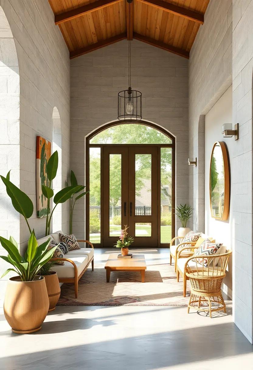 Mid-Century Modern Entry Designs Blending Clean Lines and Natural Rattan Accents for Visual Contrast