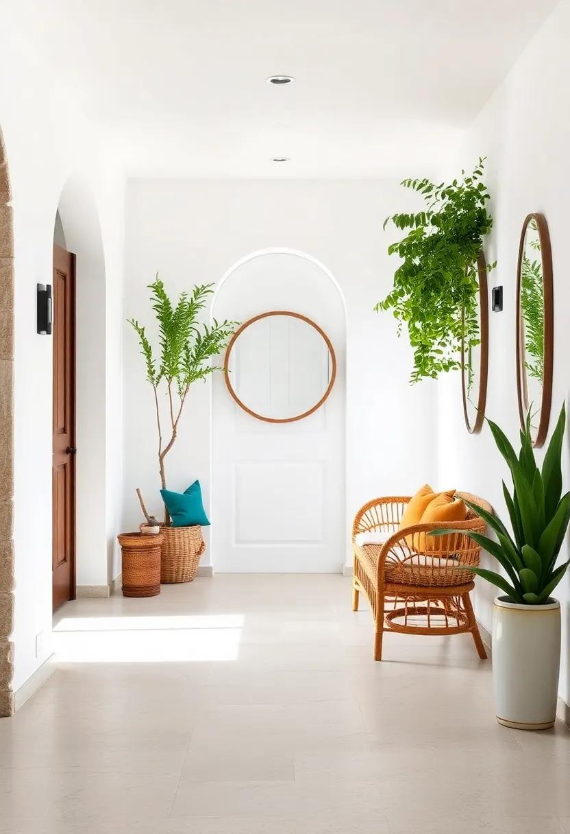 Minimalist Rattan Benches Paired with Crisp White Walls and Greenery for Welcoming Warmth