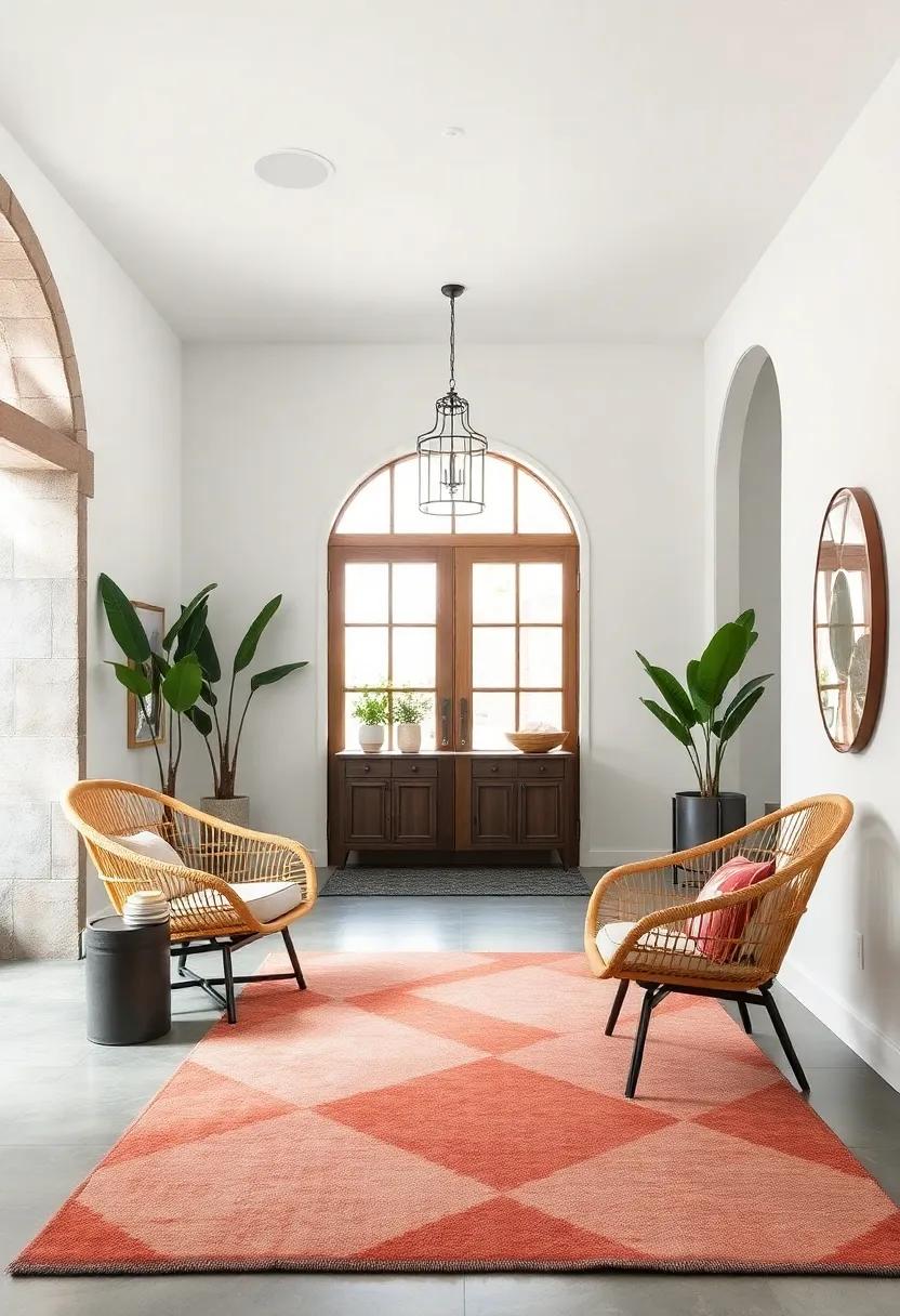 Modern Urban Entryways Styled with Sleek Rattan Chairs and Bold Geometric Rugs in Muted Palettes
