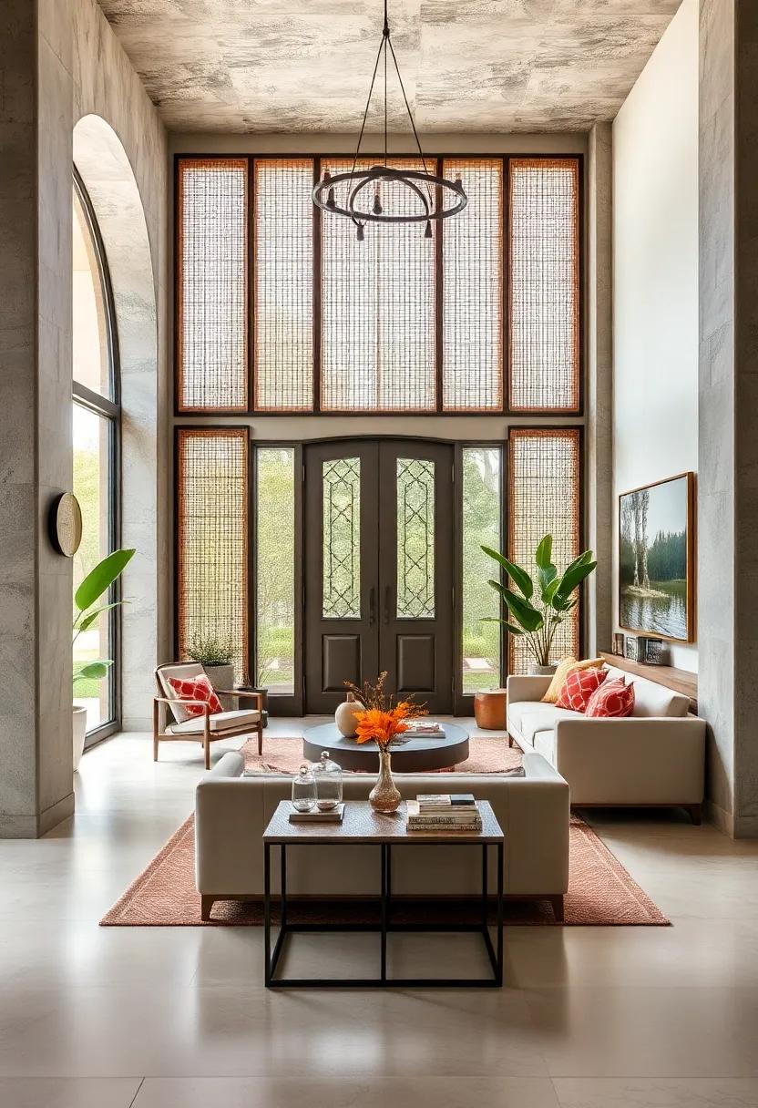 Open Concept Foyers Enriched with Delicate Rattan Screens Filtering Light and Adding Depth