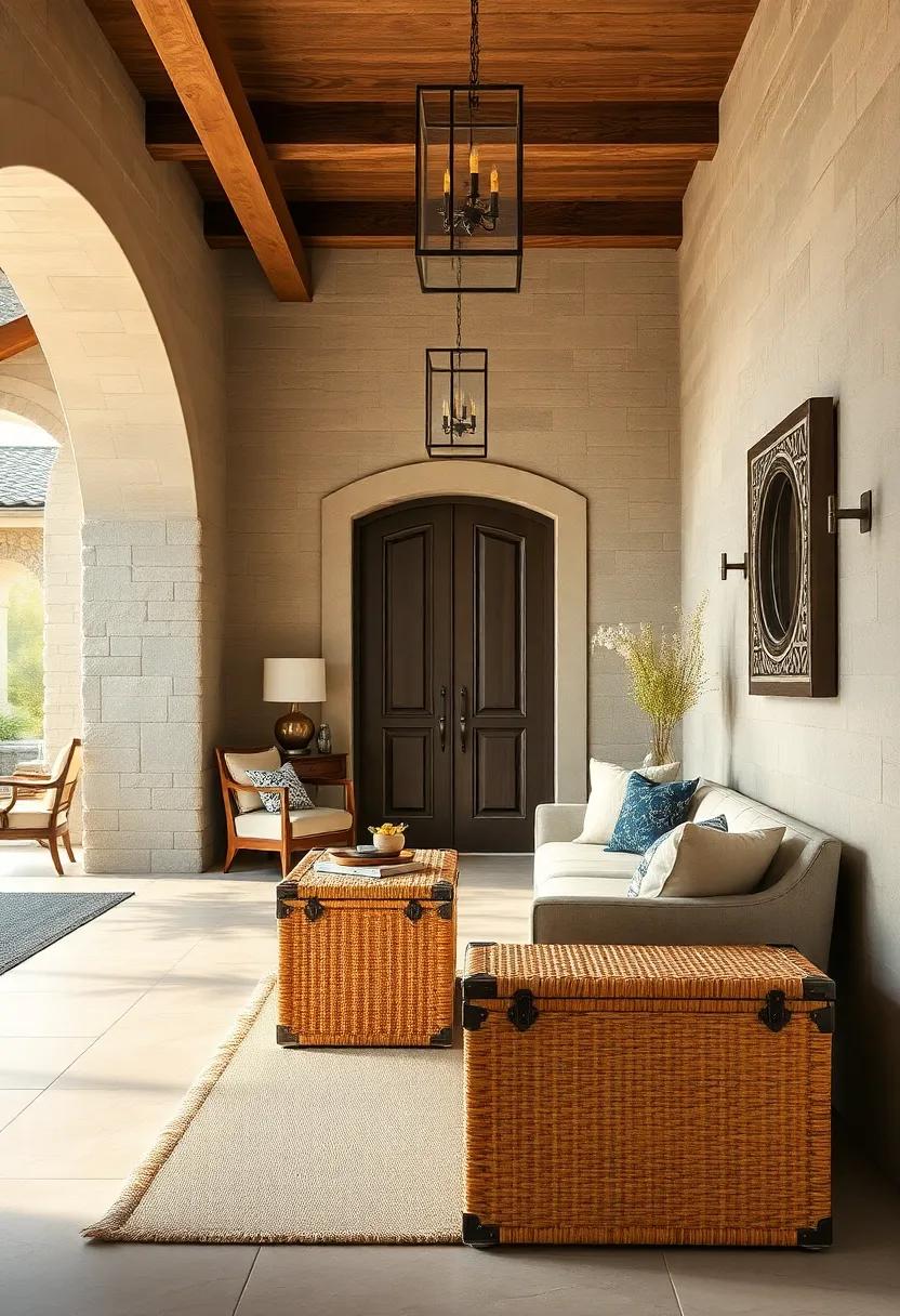 Rustic Elegance in Entrances with Heavy Textured Rattan Trunks and Warm Bronze Hardware