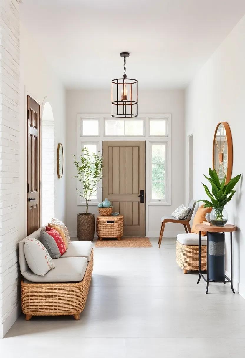 Scandinavian Style Entry Featuring Light Rattan Storage Solutions Blending Function and Elegance