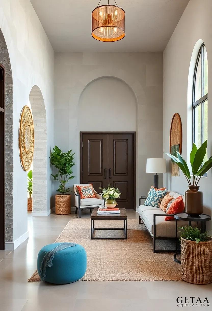 Serendipitous Layering of Natural Fibers in Entryways with Rattan Accents and Woven Wall Hangings