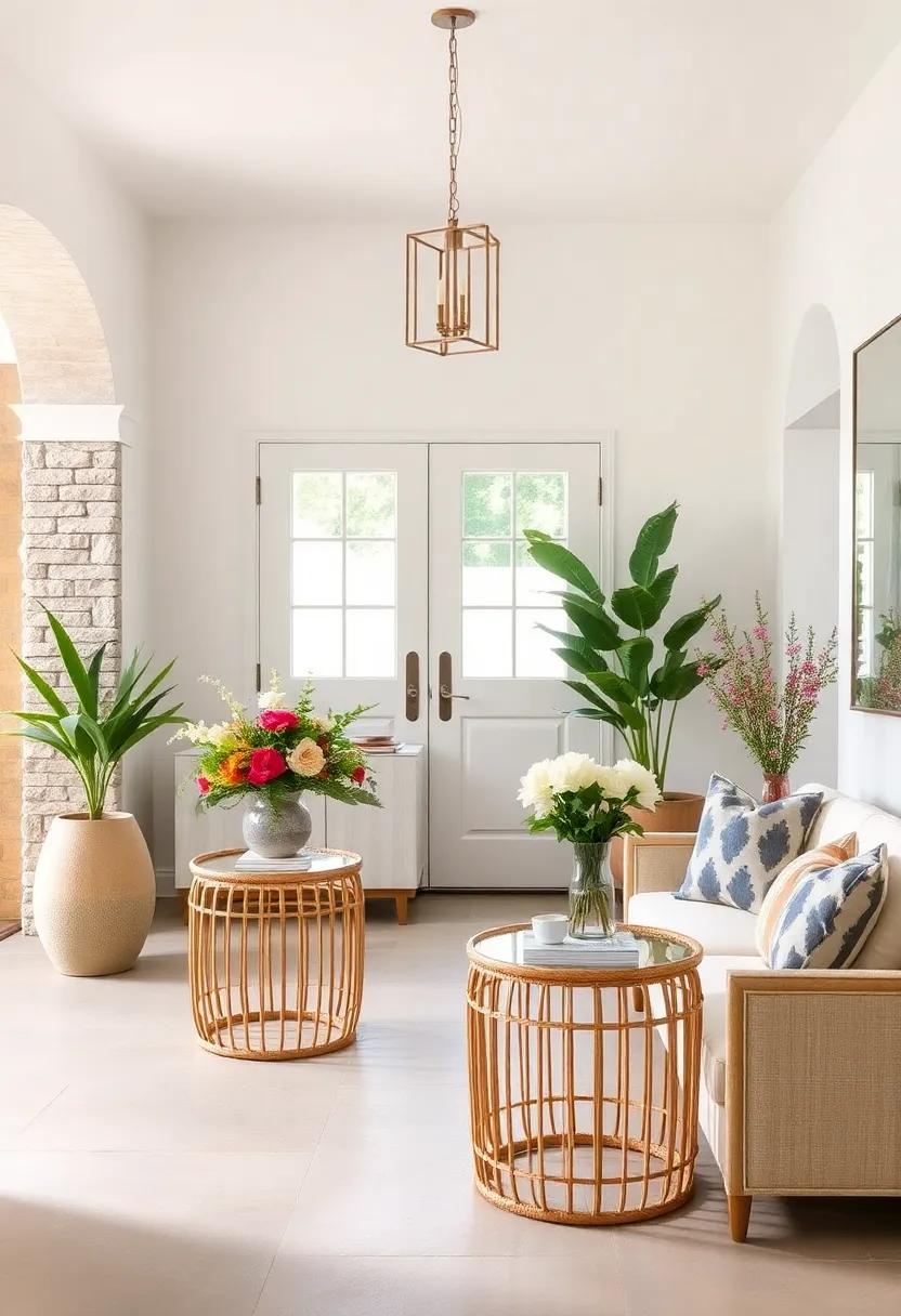 Sun-Kissed Entry Nooks with Round Rattan Side Tables Holding Fresh Floral Arrangements
