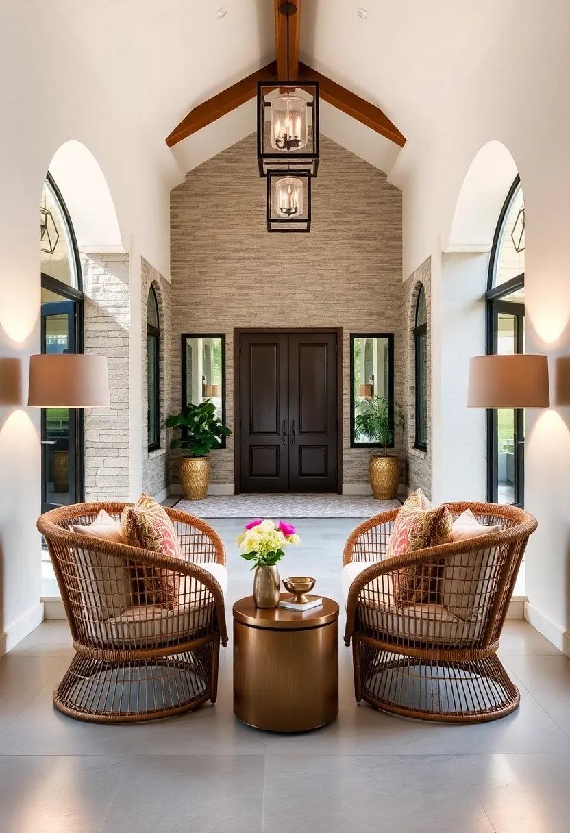 Symmetrical Entryways Showcasing Matched Rattan Chairs with Coordinated Cushions and Lamps