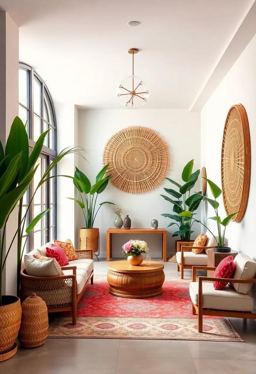 Tropical Inspired Entry Spaces with Oversized Rattan Wall Art and Lush Indoor Plants