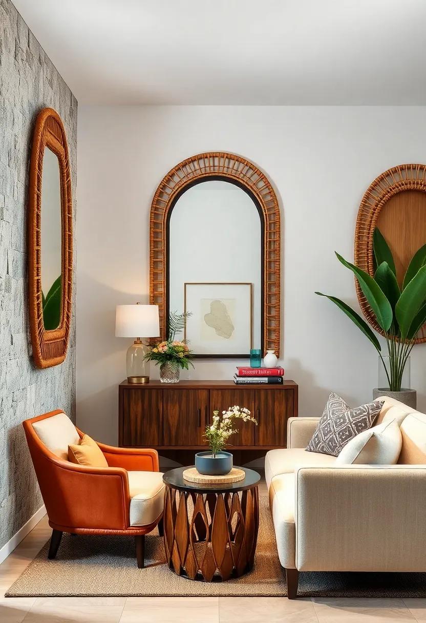 Vintage Inspired Rattan Mirrors Framing Entryways with Intricate Detailing and Warm Wood Accents