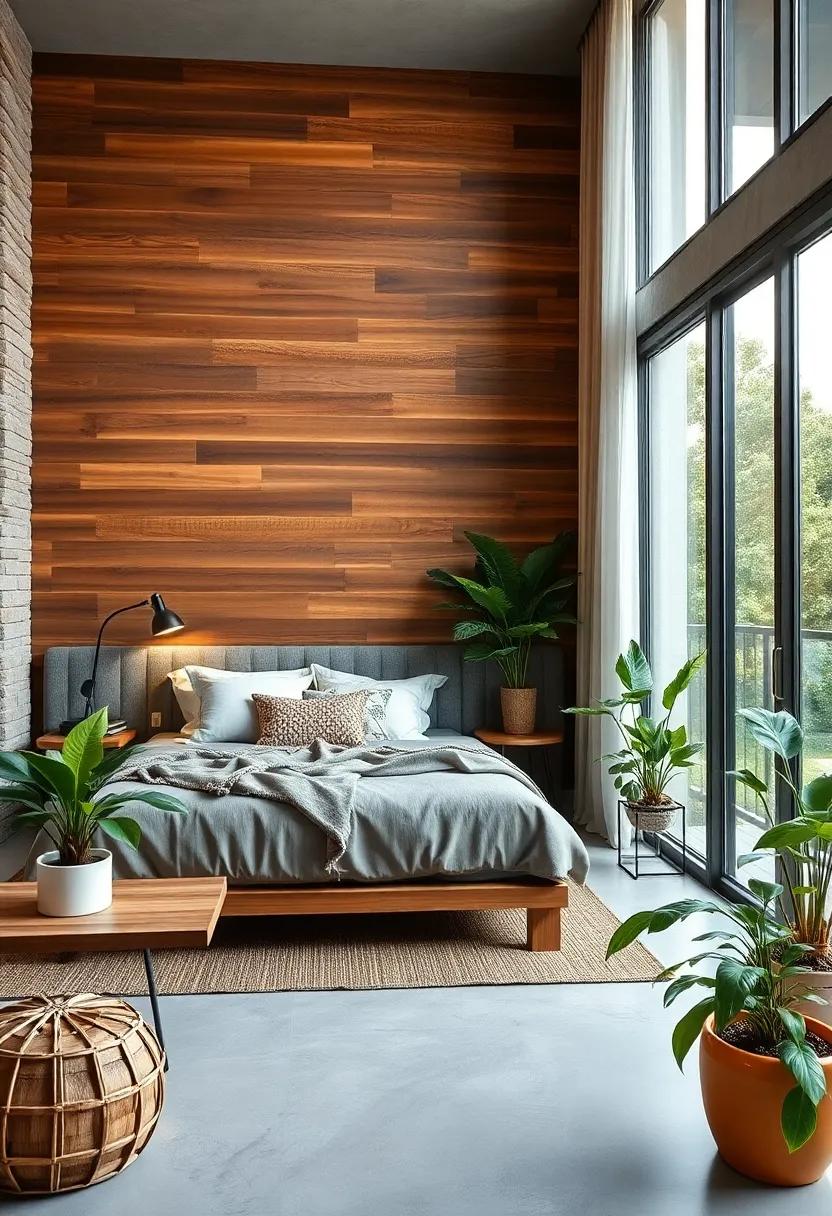Earth-Toned Reclaimed Wood Paneling Enhanced by Greenery and Potted Plants