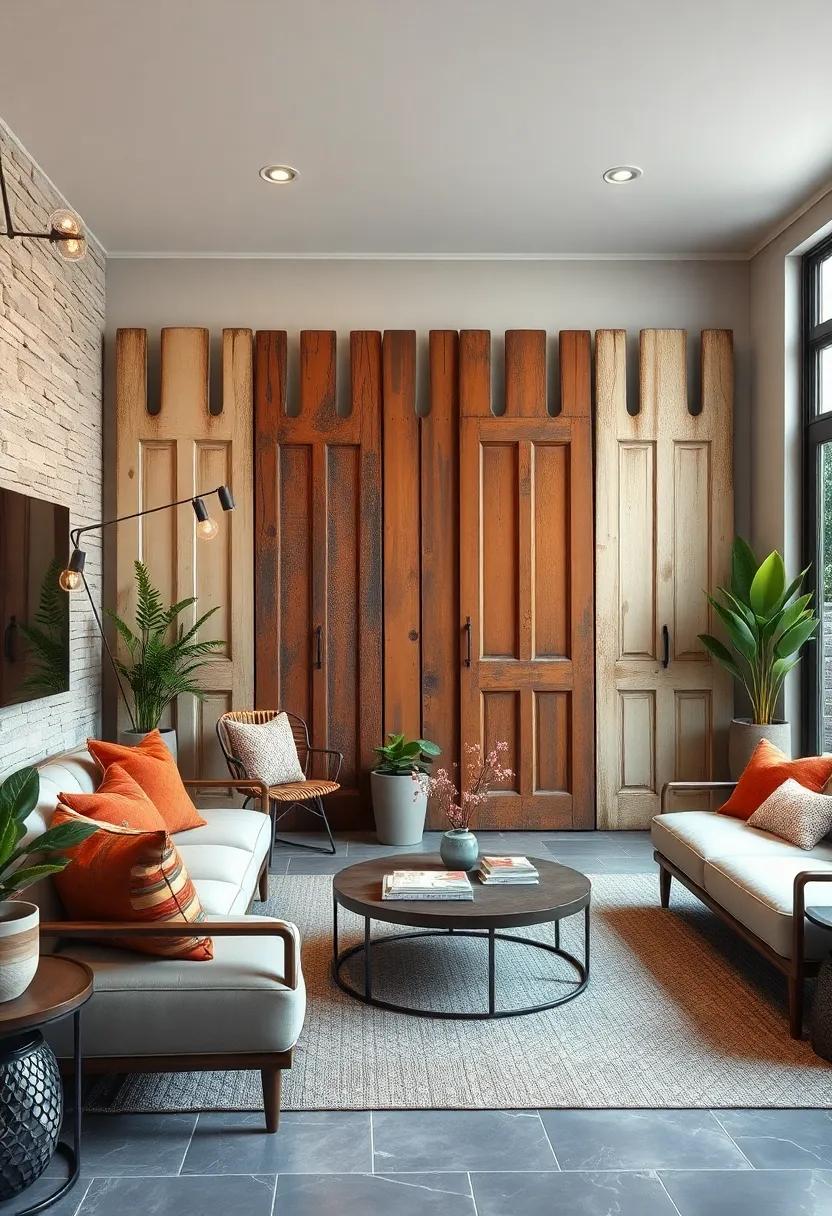 Whimsical Fence Panels Constructed From Old Doors and Window Frames Painted in Earthy Tones