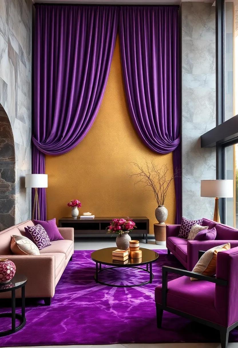 Royal Purple Drapes Cascading Elegantly Against Gold Accented Walls In A Luxe Sitting Room