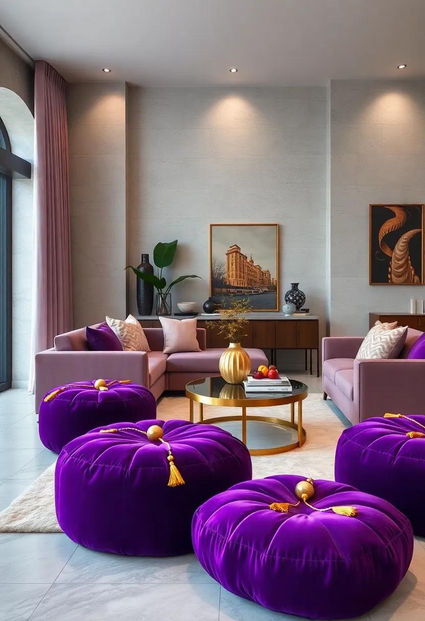 Luxurious Royal Purple Velvet Poufs With Fine Gold Tassels Scattered In A Contemporary Living Space