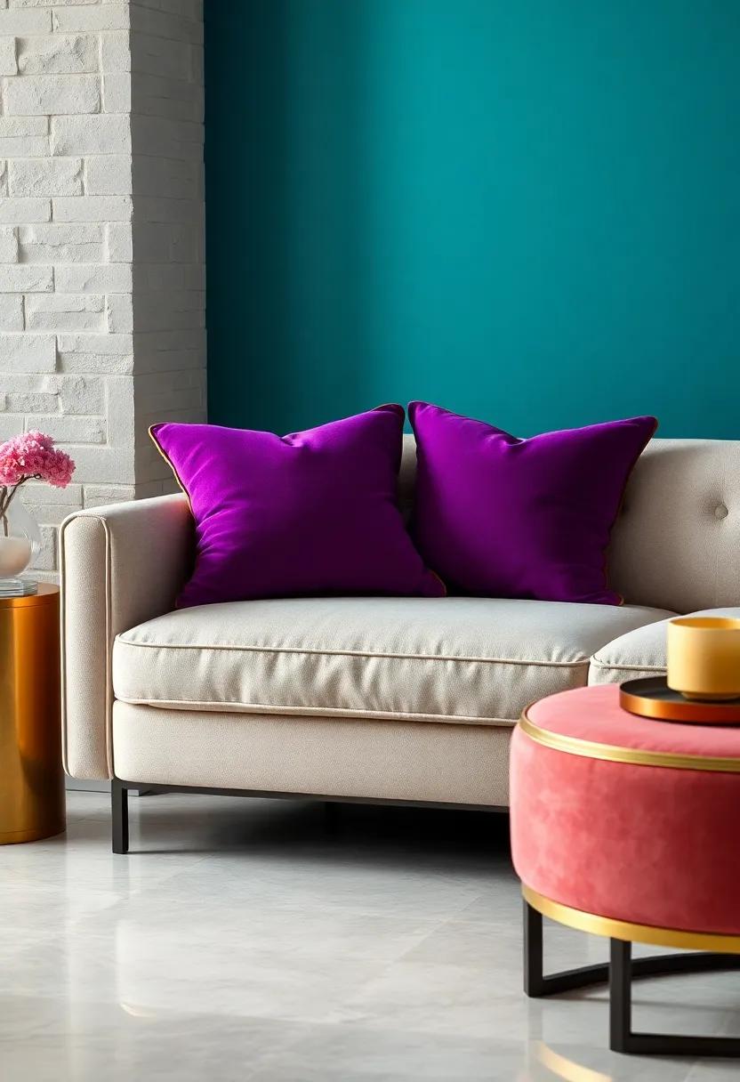 Buoyant Royal Purple Velvet Cushions With Delicate Gold Threading On A Plush Modern Sofa