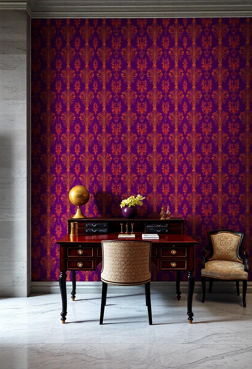 Opulent Royal Purple And Gold Patterned Wallpaper Behind A Classic Mahogany Writing Desk Display
