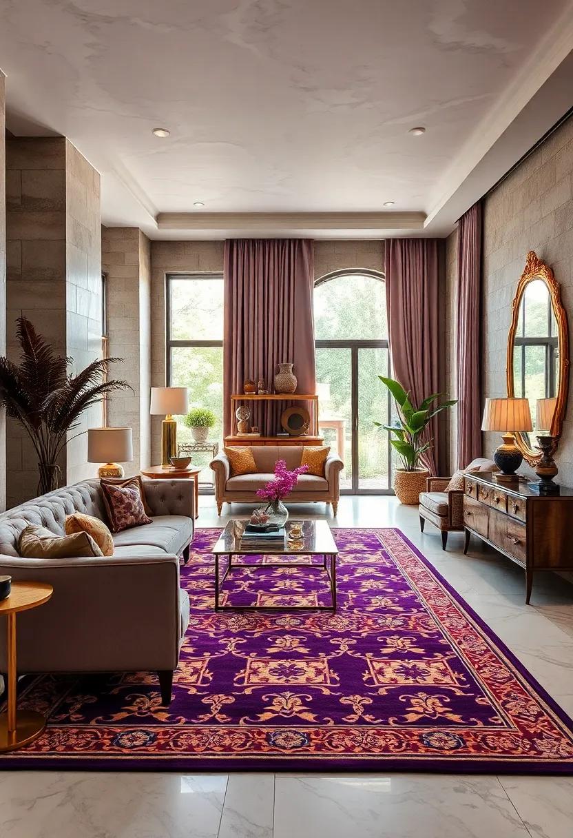 Royal Purple And Gold Patterned Area Rugs Anchoring Lavish Interiors With Vintage Furniture Pieces