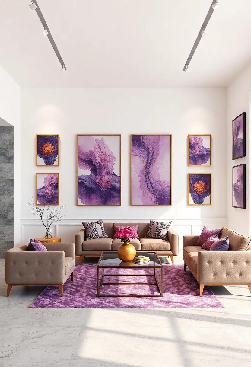 Lavish Purple And Gold Mosaic Tile Backsplash Behind A Sleek Marble Kitchen Island Display