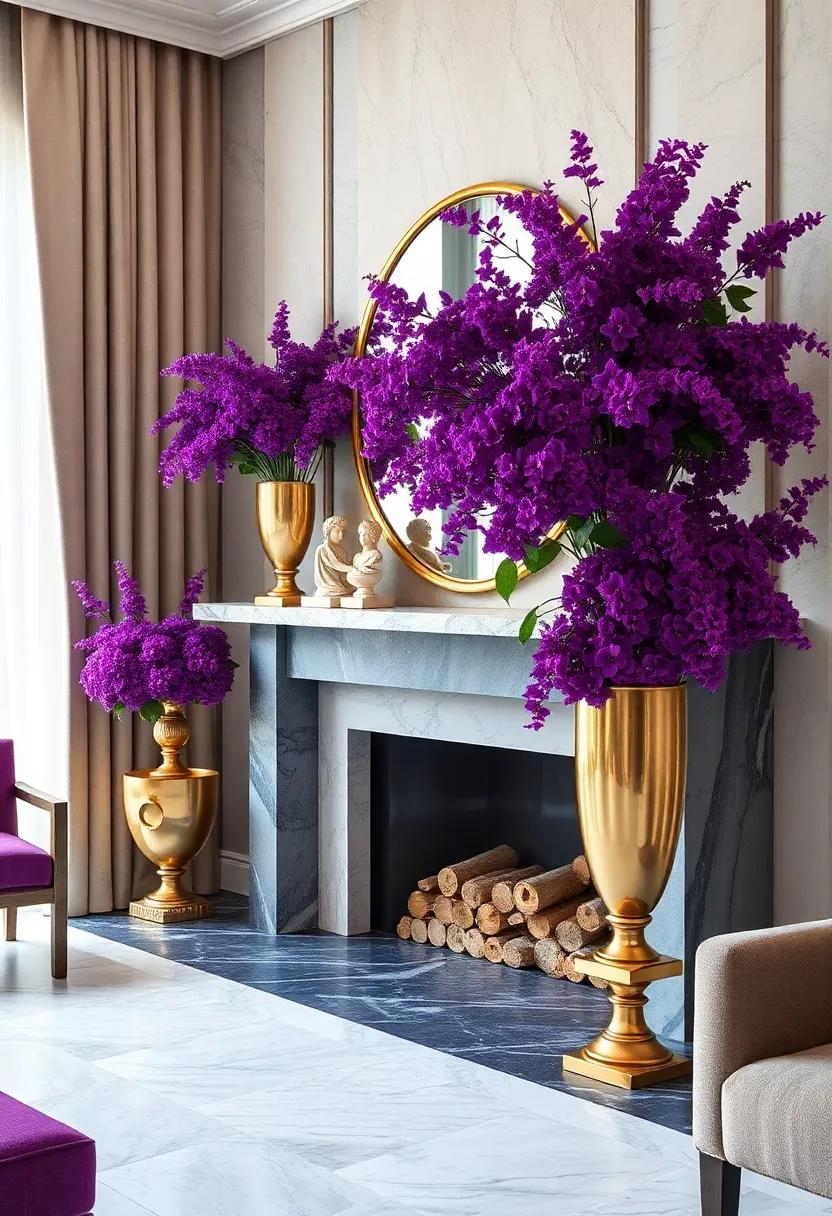 Lush Royal Purple Floral Arrangements In Gold Vases Adorn A Marble Mantelpiece With Classic Sculptures
