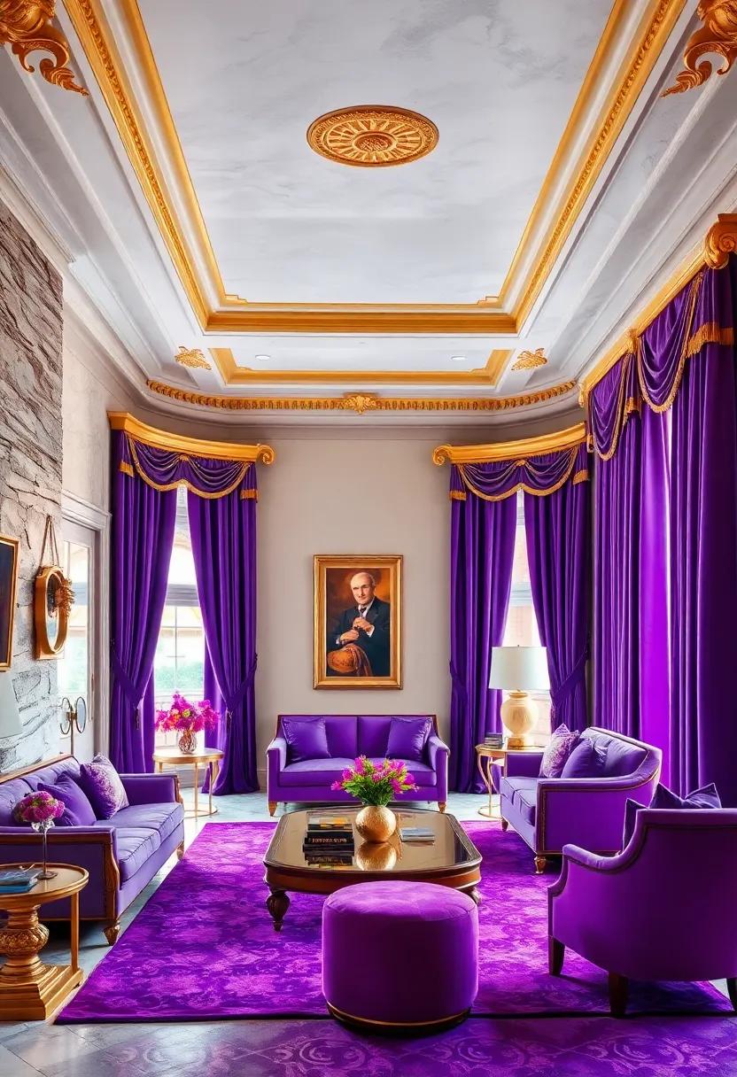 Ornate Gold Cornices Crowning Walls Draped With Royal Purple Silk Curtains In A Historic Estate Room