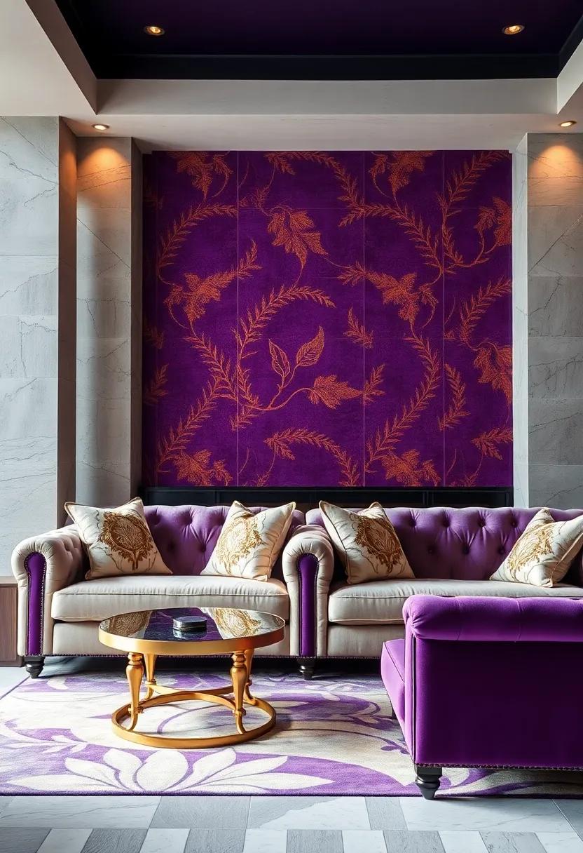 Intricate Gold Leaf Embellishments Contrasting Rich Royal Purple Velvet Upholstery On Classic Sofas