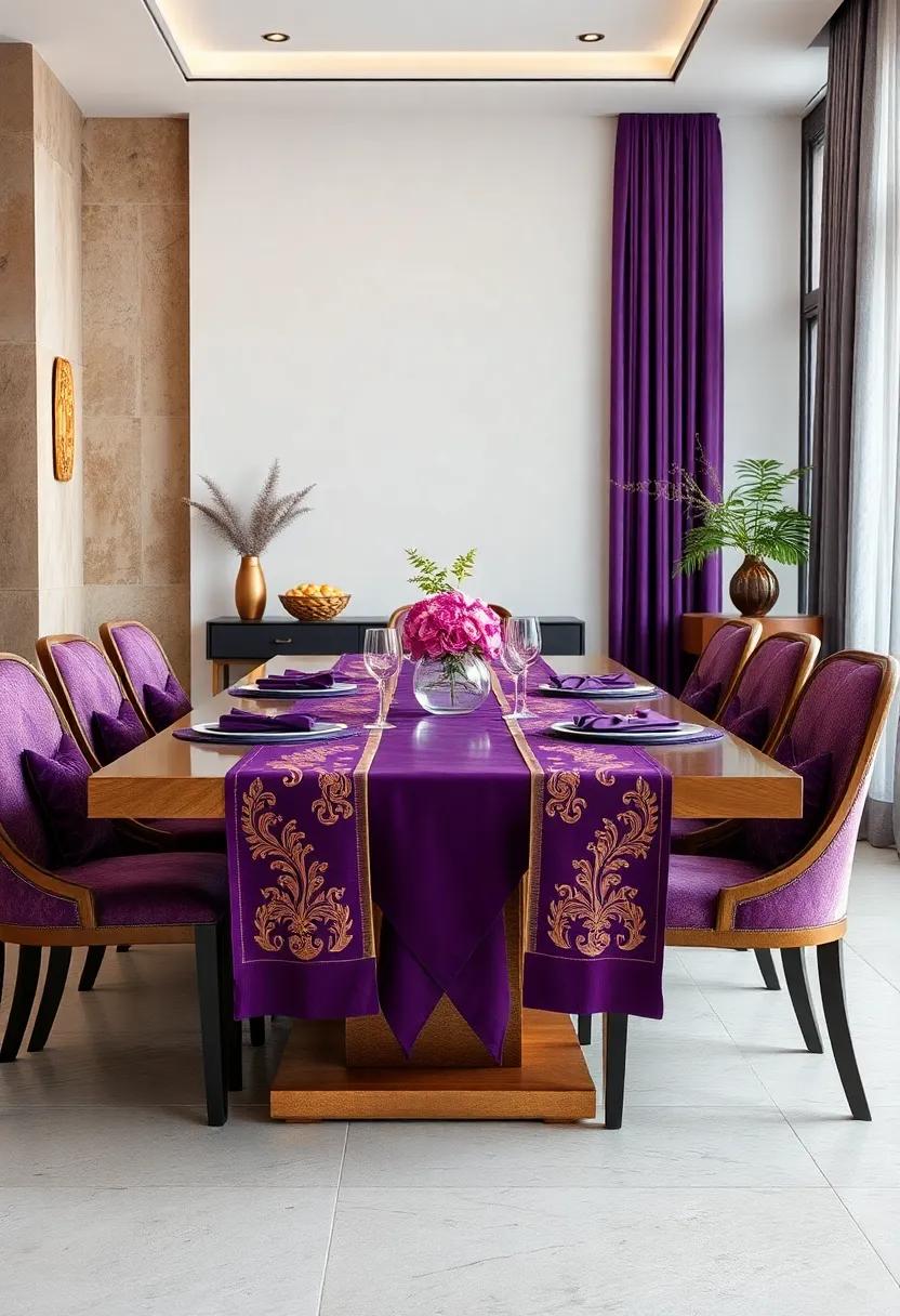 Opulent Royal Purple Silk Table Runners With Gold Embroidered Patterns On A Formal Dining Table