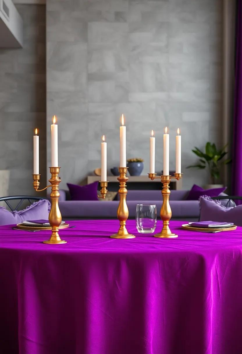 Graceful Gold Candle Holders Against A Royal Purple Velvet Tablecloth Setting An Elegant Ambiance