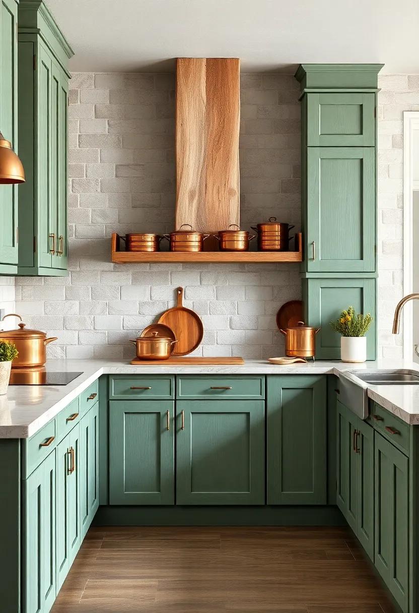 Distressed Green Shaker Style Cupboards Complemented By Copper Pans Reflecting Rustic Elegance