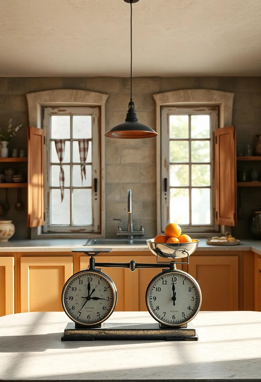 Farmhouse Style Vintage Kitchen Scales Set Against A Backdrop Of Worn Shuttered Windows
