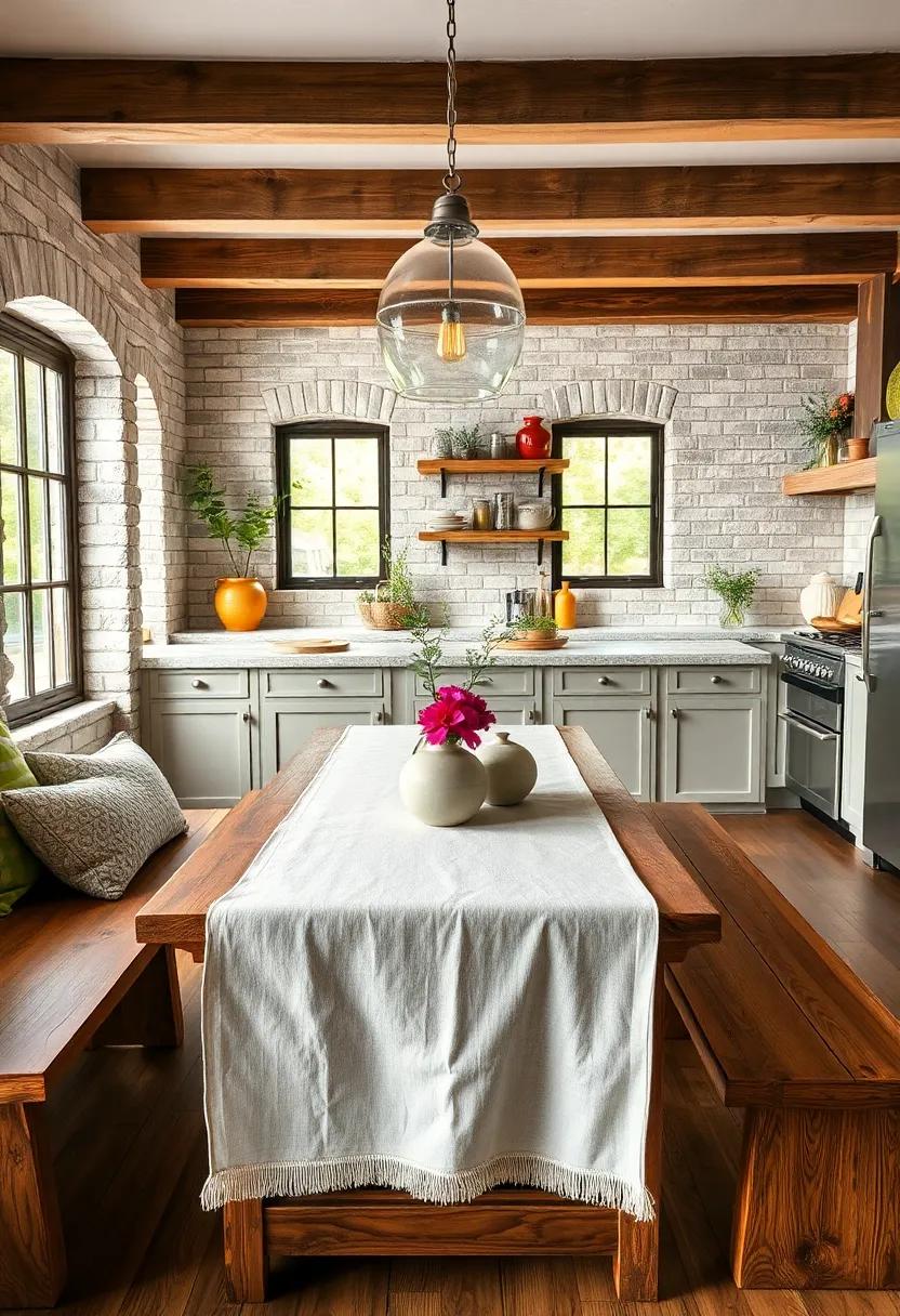 Linen Table Runners Paired With Wooden Benches In A Farmhouse Kitchen Setting That Invites Gathering