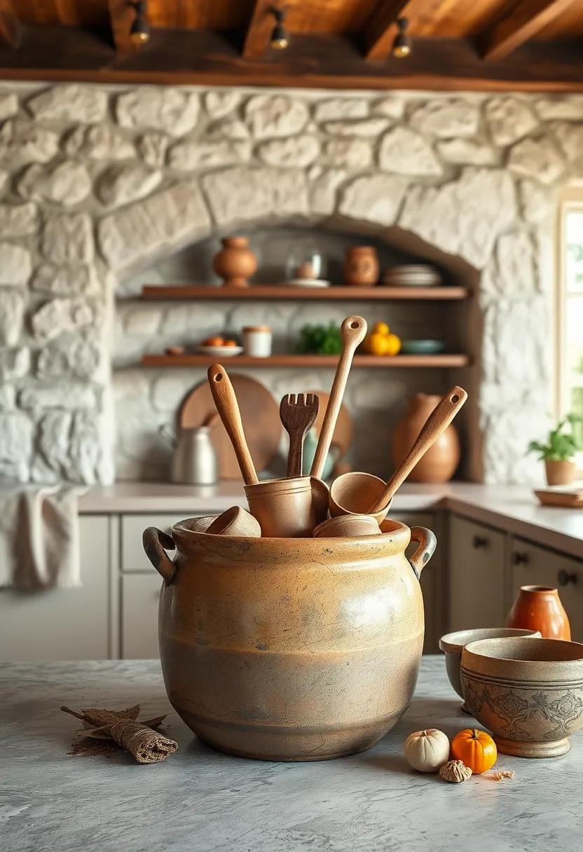 Natural Clay And Wooden Utensils Resting In A Time-Worn Crock Evoking Hands-On Culinary Traditions