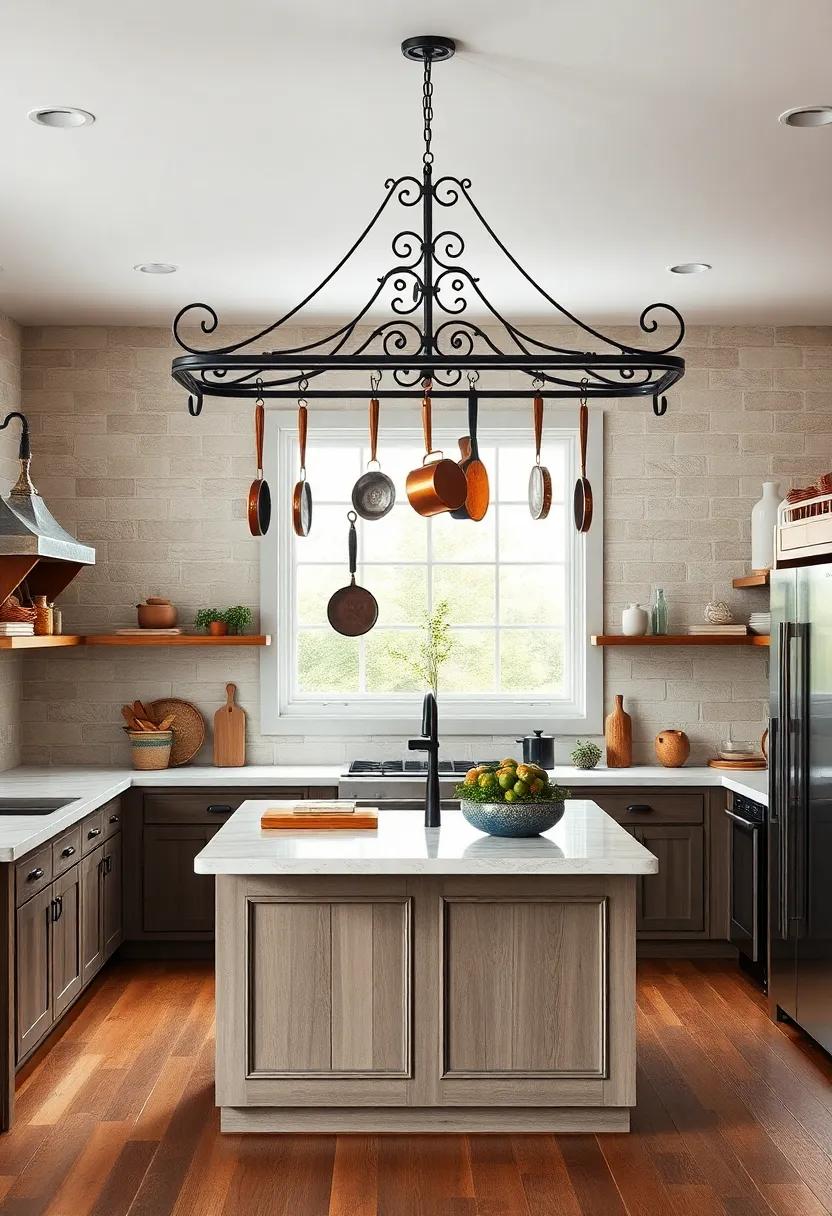 An Old Fashioned Iron Pot Rack Suspended Above A Kitchen Island With Hanging Seasoned Cookware