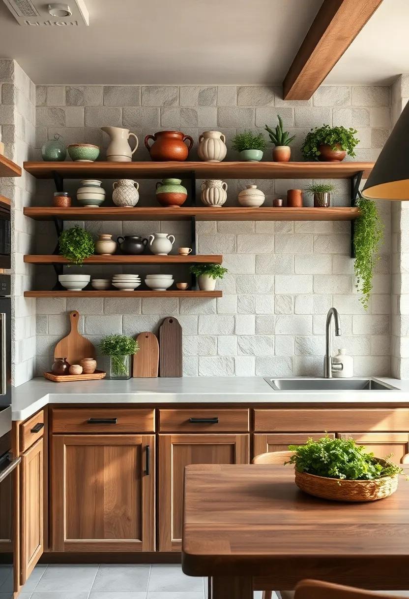 Rustic Open Shelving Displaying Handthrown Pottery And Fresh Herbs For A Lived-In Kitchen Feel