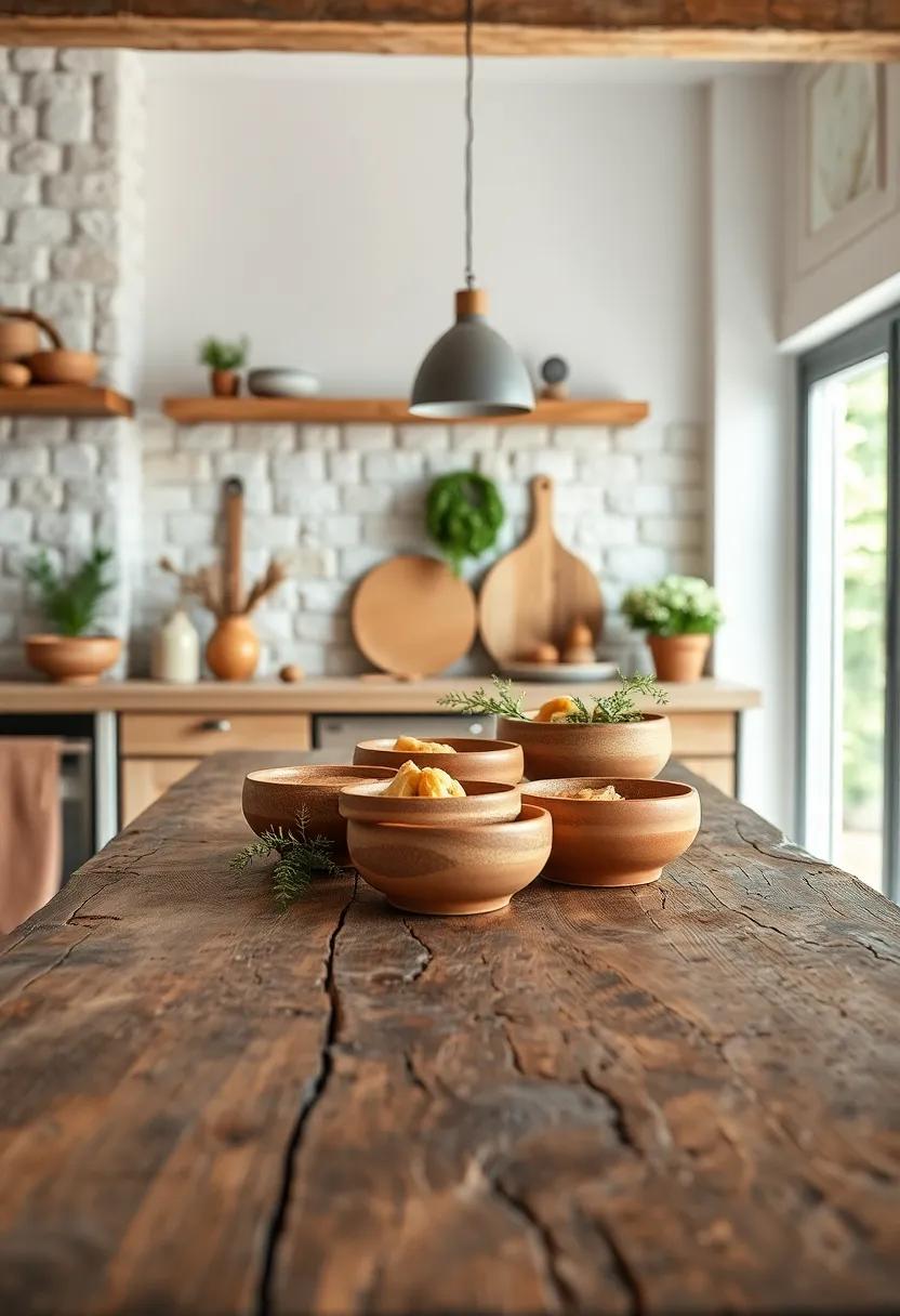 Rustic Terracotta and Earthenware Bowls Nestled On A Rough Wooden Table For An Artisan Food Vibe