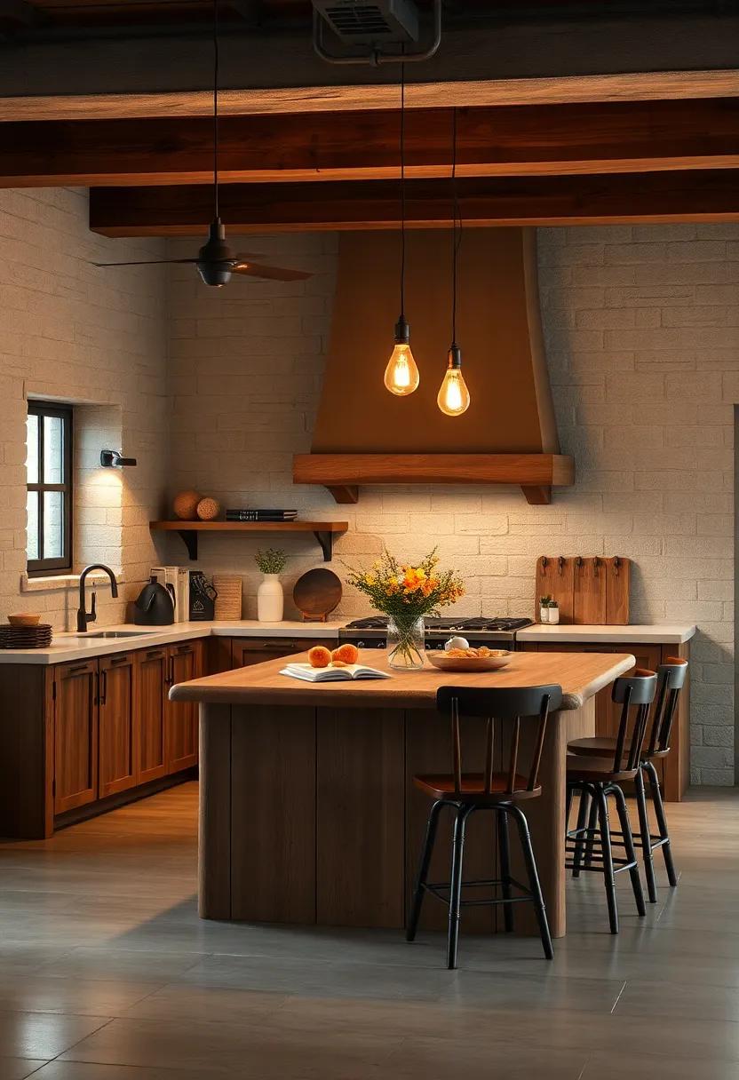 The Soft Glow Of Edison Bulbs Hanging Above A Rough-Hewn Oak Island Creating Intimate Ambiance