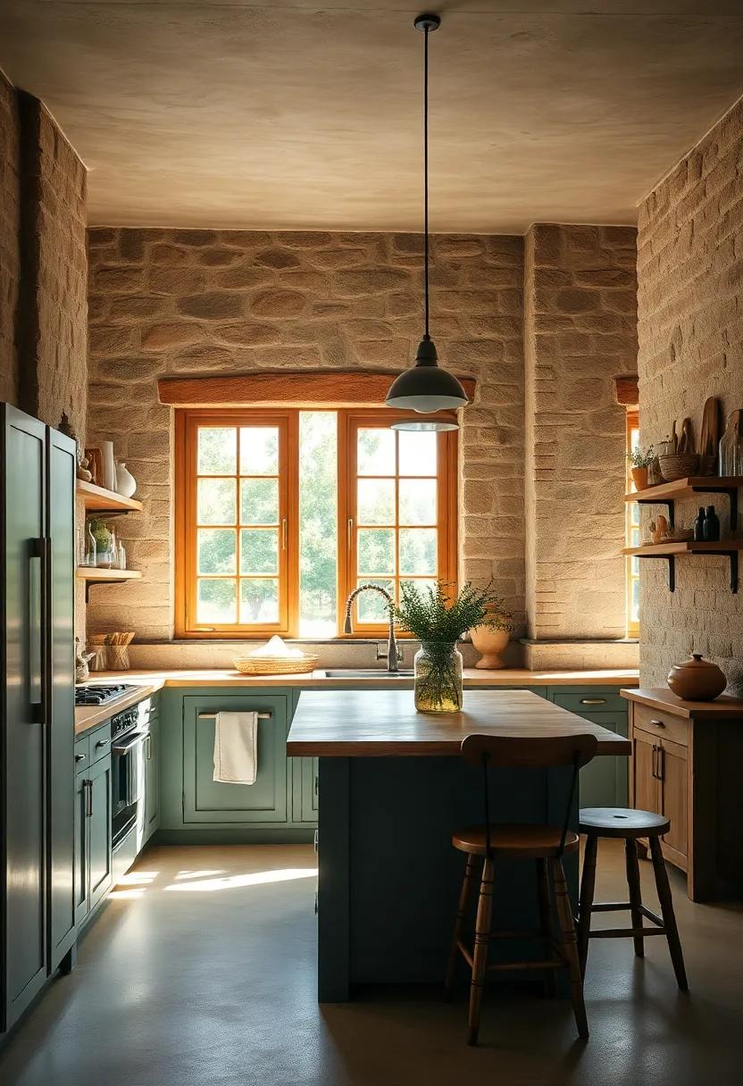 Sunlight Streaming Through Vintage Windows Highlighting The Kitchen's Warm Earthy Palette