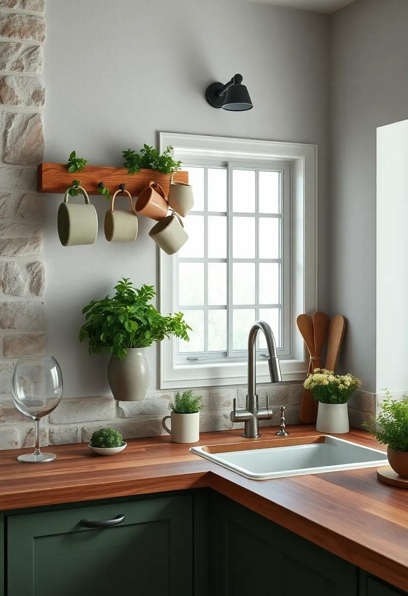 Chunky Wooden Peg Rails Supporting Earthenware Mugs and Fresh Garden Greens Above a Farmhouse Sink Area