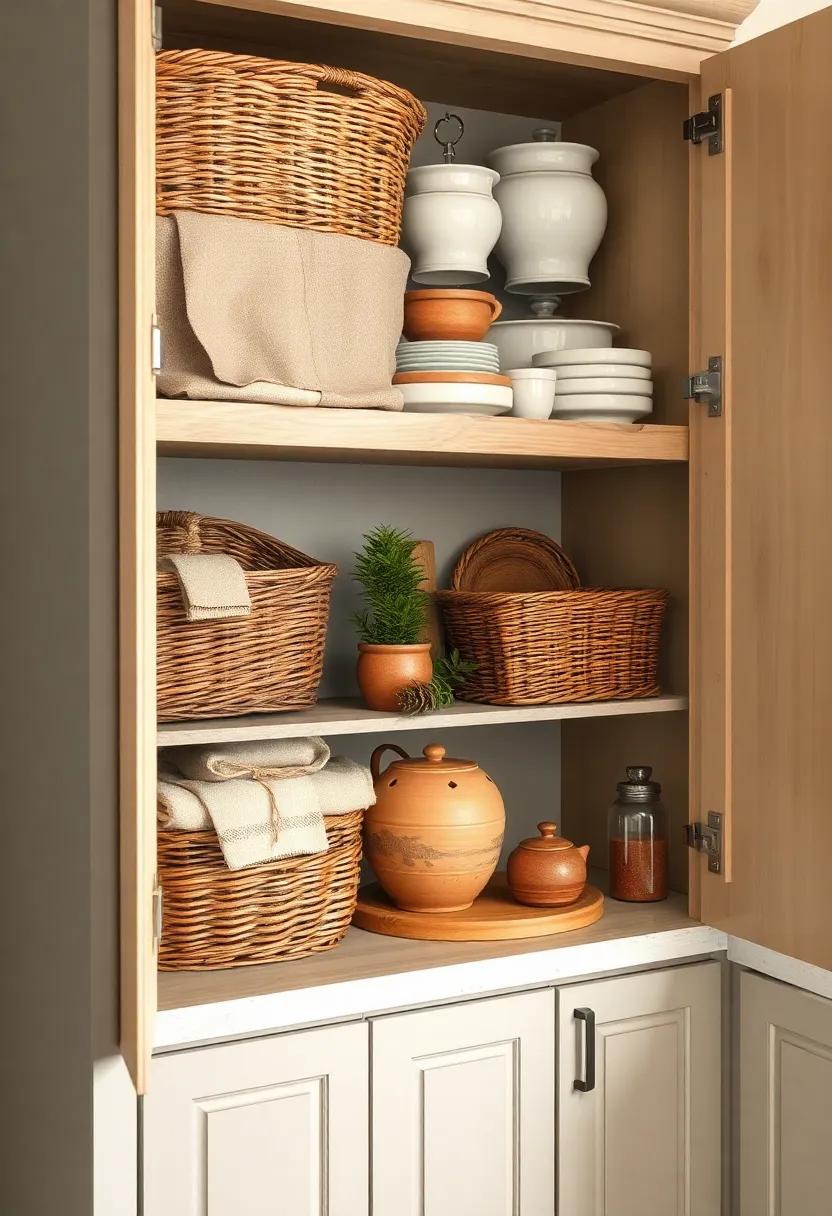 Cozy Corner Cabinet Featuring Wicker Baskets and Aged Terra Cotta Pots Nestled Amongst Rustic Wooden Kitchenware