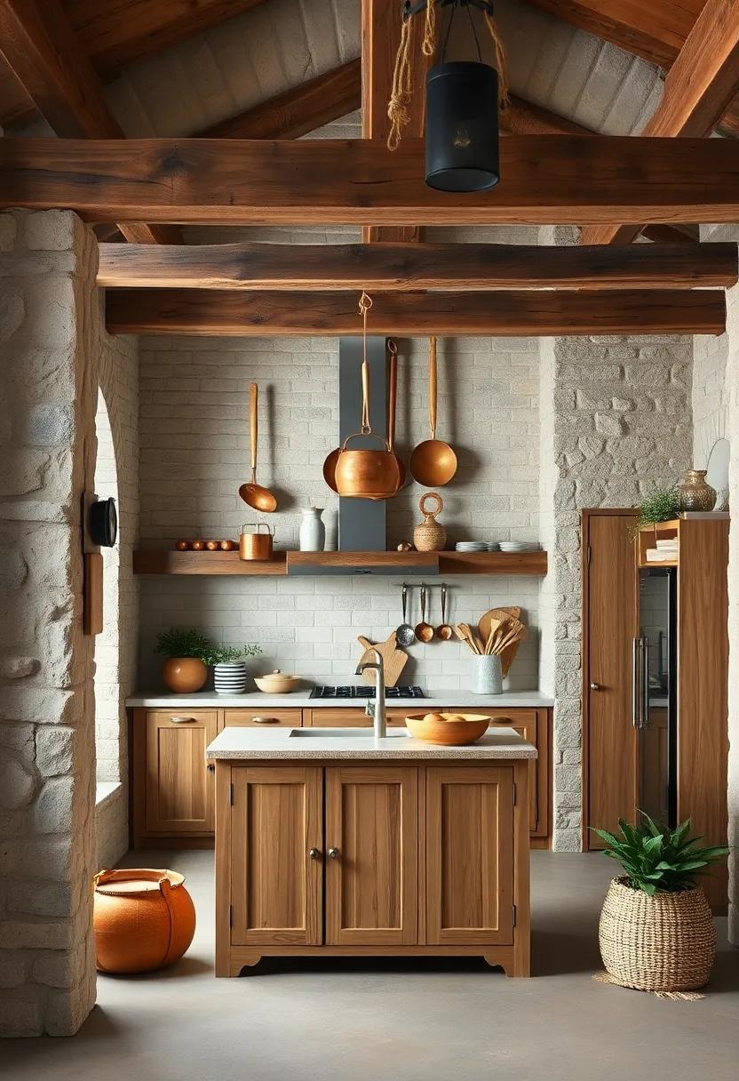 Exposed Timber Beams with Hanging Copper Pots and Wooden Ladles Framing a Quaint Kitchen Island Storage Area