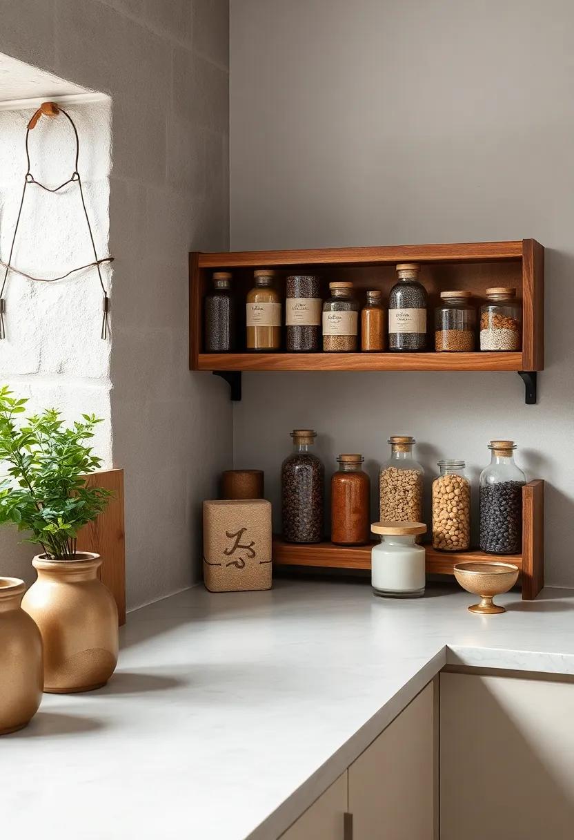 Handcrafted Wooden Spice Racks Displaying Glass Bottles with Natural Cork Stoppers in Subtle Earth Tones