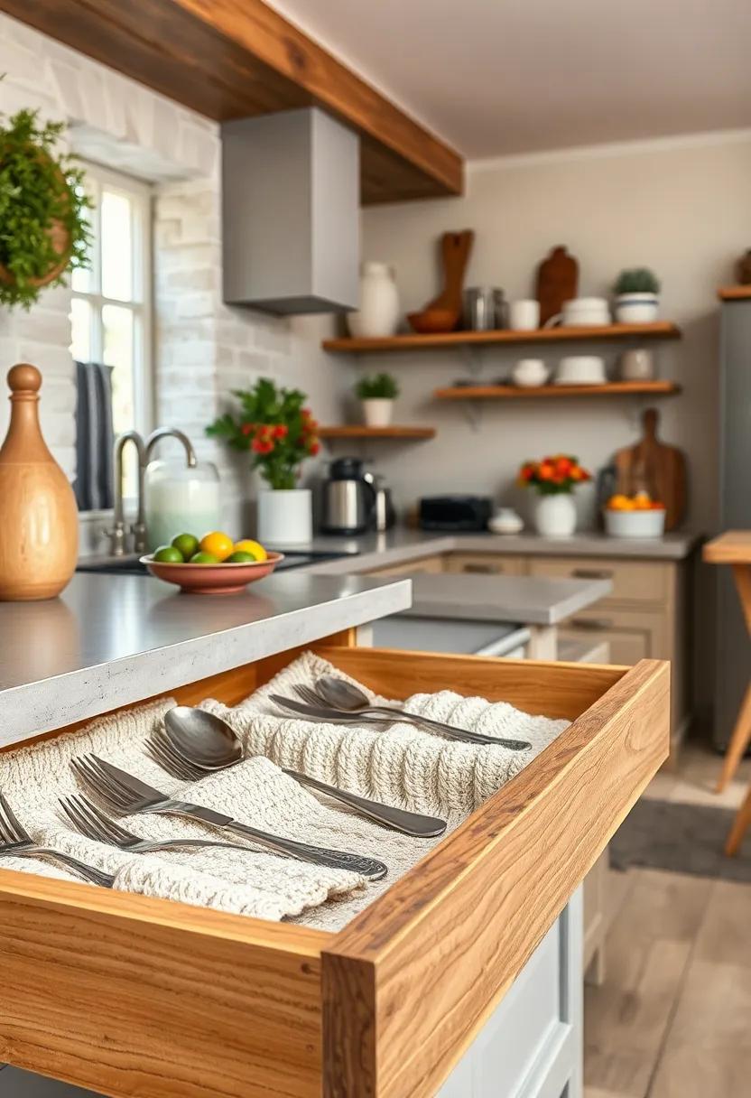Handmade Knitted Liners for Wooden Drawers Protecting Vintage Silverware and Cutlery in an Old-fashioned Kitchen