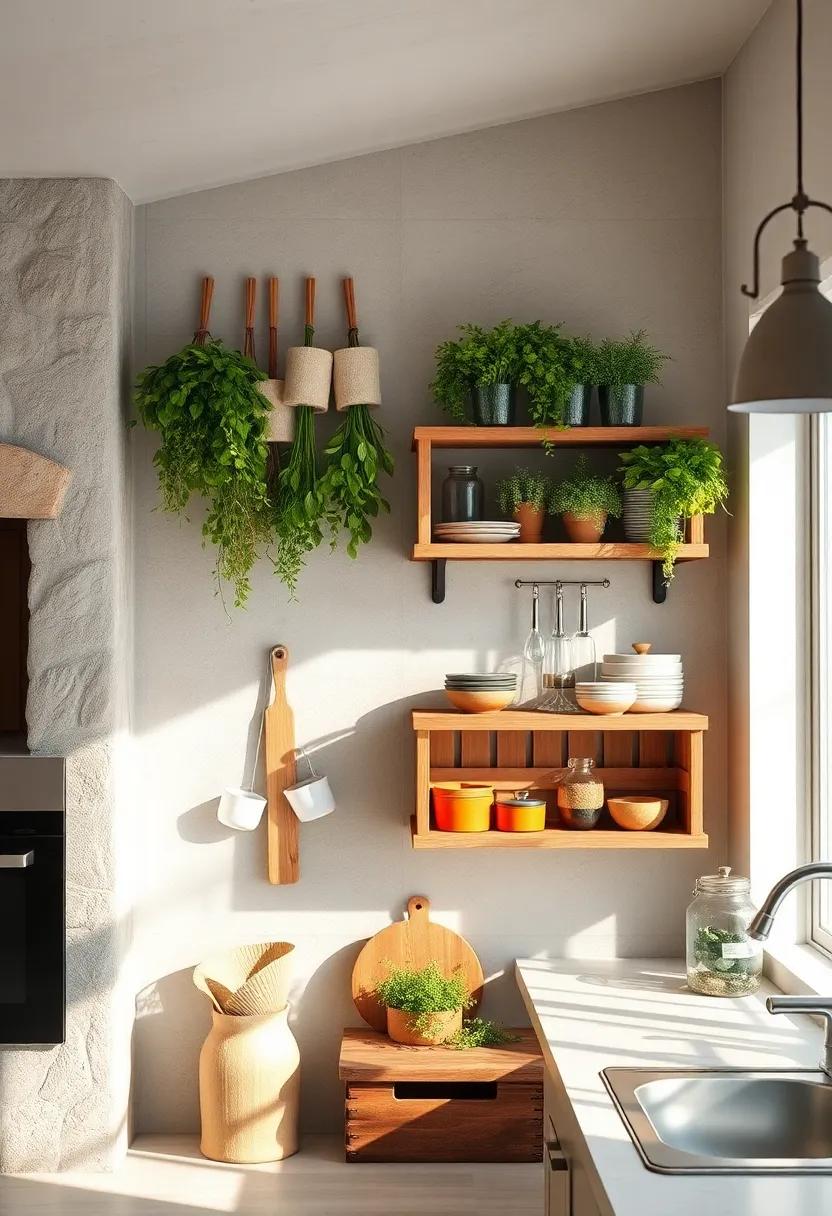 Hanging Herb Dryers and Wooden Crate Shelves Filled with Farmhouse Kitchen Essentials in a Sunlit Rustic Room
