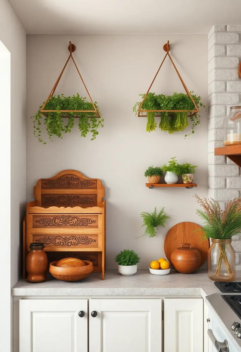 Intricately Carved Wooden Bread Boxes and Herb Drying Racks Hanging Gracefully in a Country Kitchen Nook