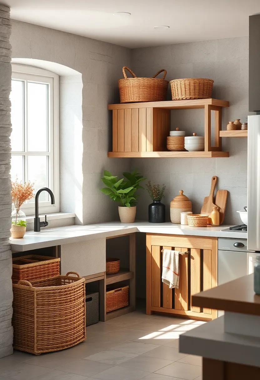 Natural Woven Baskets and Wooden Crates Used as Stylish Storage Units in a Sunlit Rustic Kitchen Corner