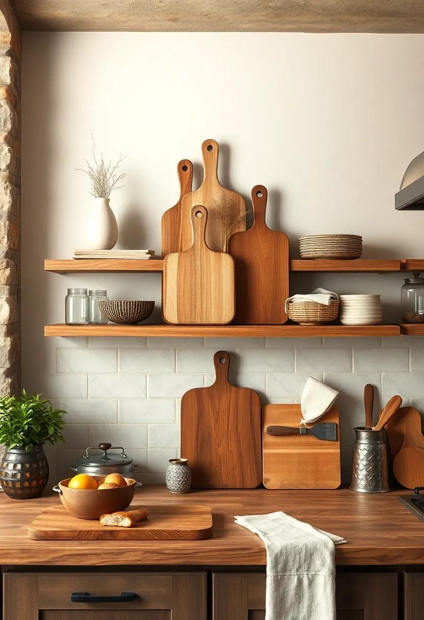 Open Shelves Featuring Stacked Antique Breadboards and Linen Napkins in a Warm Rustic Cooking Space