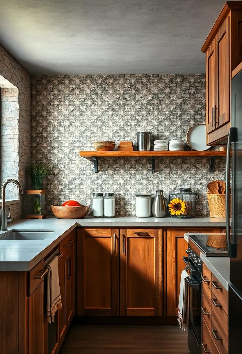Pressed Tin Backsplash Reflecting Natural Light onto Rustic Wooden Cabinets with Bulk Storage Containers